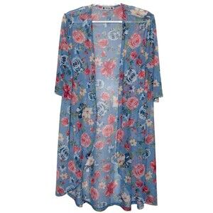 Wilde Floral Mesh Duster Cardigan Blue Pink Roses Open Front Sheer Women M